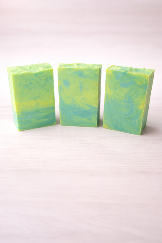 Reset button is a fresh lemon/Eucalyptus and mint Fragrance blend Handcrafted cold process soap.