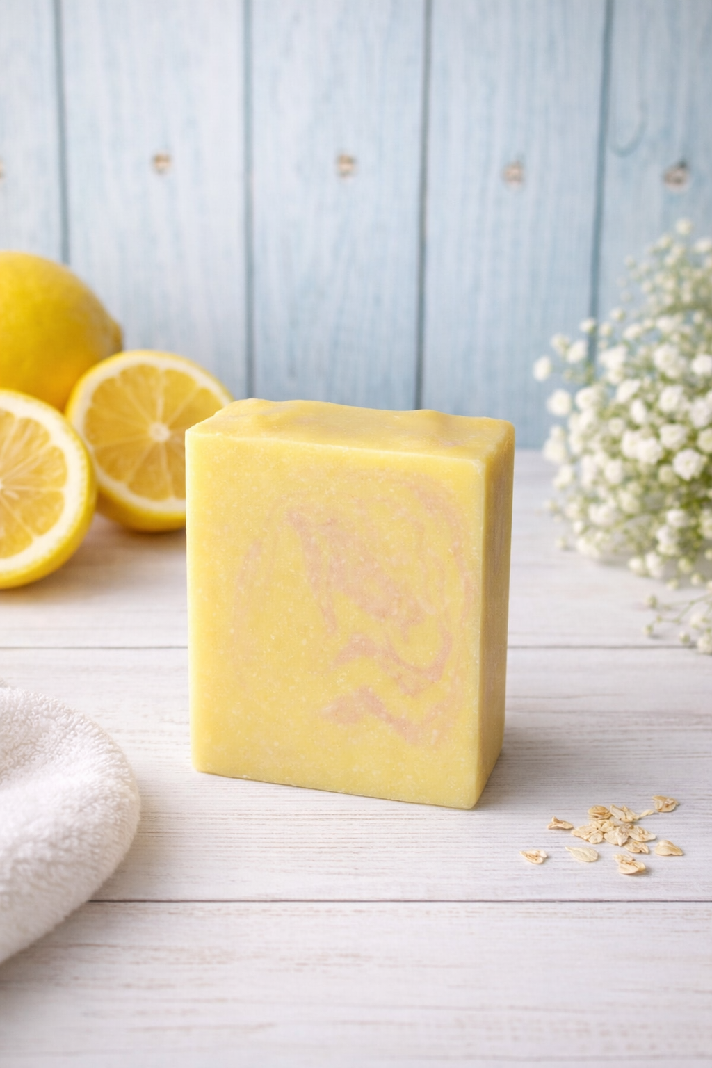 Main Squeeze Energy Goat Milk soap bar on wooden surface with styled spa background 