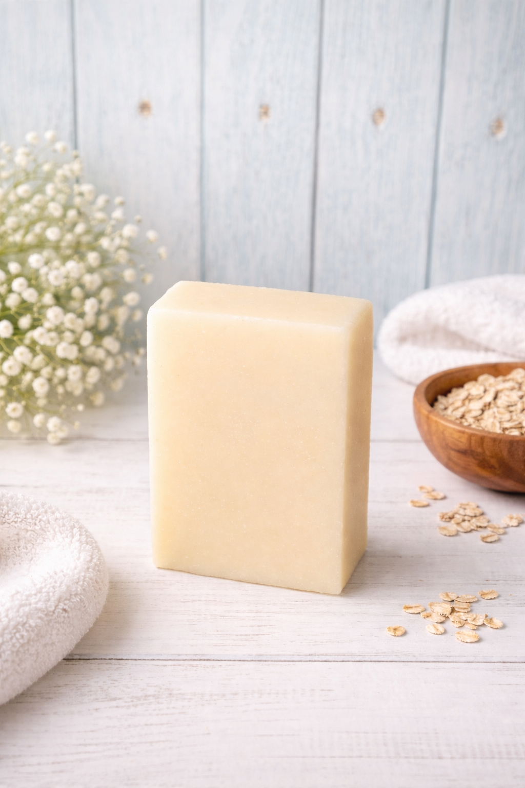 No Added Drama goat milk soap bar on wooden Surface with styled spa background 