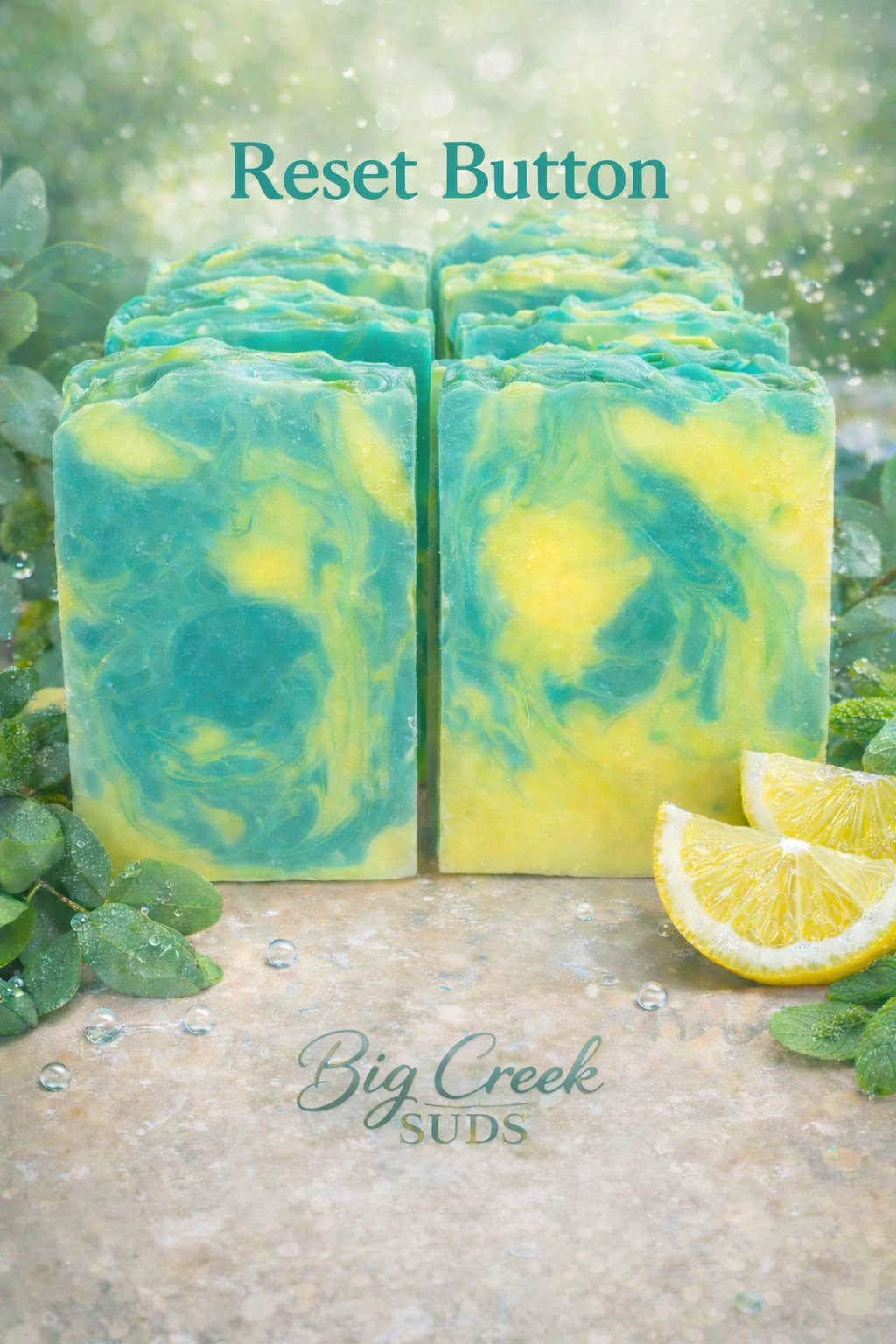 Reset button is a fresh lemon/Eucalyptus and mint Fragrance blend Handcrafted cold process soap.