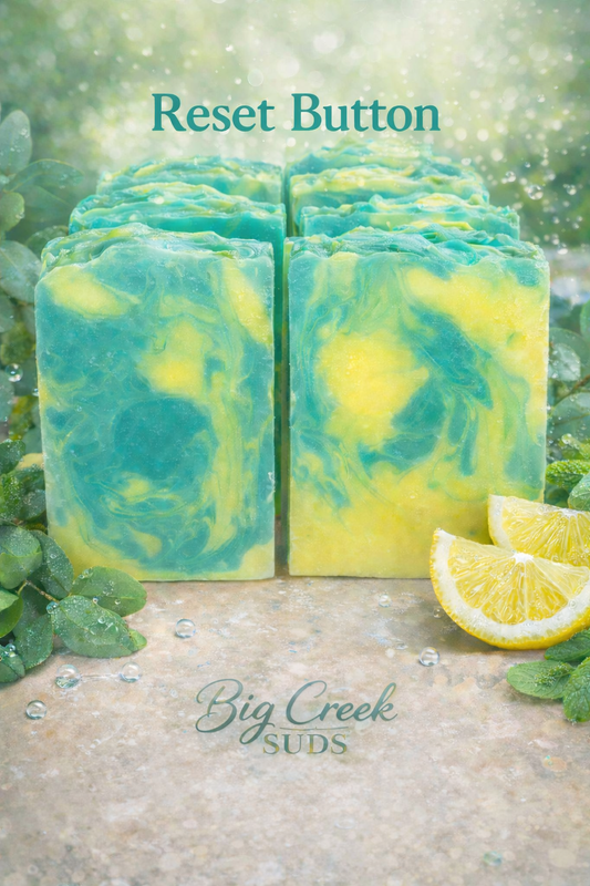 Reset button is a fresh lemon/Eucalyptus and mint Fragrance blend Handcrafted cold process soap.