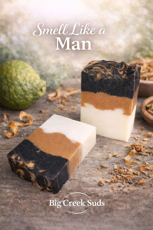Smell like a man is a handcrafted cold process soap Send it with a fragrance blend of Bergamont and sandalwood made by big Creek suds And Deville Louisiana